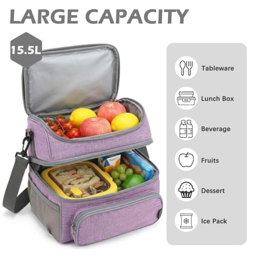 Double Layer Cooler Insulated Lunch Bag Adult Lunch Box Large Tote Bag for Men (Purple)