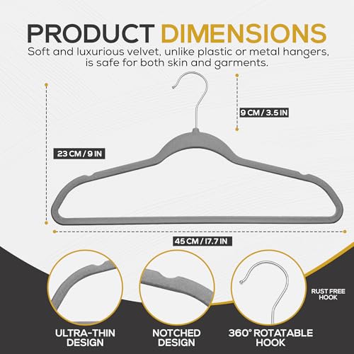 Premium Velvet Hangers 50 Pack Ultra Thin Non Slip Adult Felt Space Saving Slim Suit Hanger for Closet Heavy Duty Coat Pants Jackets Dress Hangers 360° Swivel Hook Hold Upto 10 lbs Gray (50 Count)