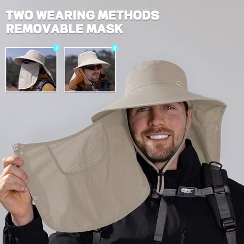 Sun Hat for Men Women with Neck Flap& Removable Face Cover Wide Brim