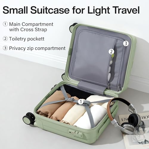 14 Inch Underseat Carry On Luggage with Wheels Hard Shell Suitcases Carry On Bag Lightweight Small Mini Suitcase Travel Luggage for Travel（Bamboo Green）