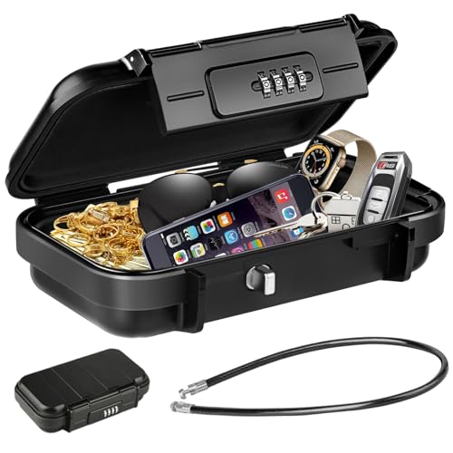 Portable Safe Lock Box with Combination Lock Mini Beach Travel Safe Waterproof Small Lockable Boxs with Removable Wire Rope Combination Lock Box for Dorm