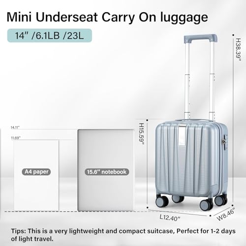 14 Inch Underseat Carry On Luggage with Wheels Hard Shell Suitcases Carry On Bag Lightweight Small Mini Suitcase Travel Luggage for Travel（Gray）