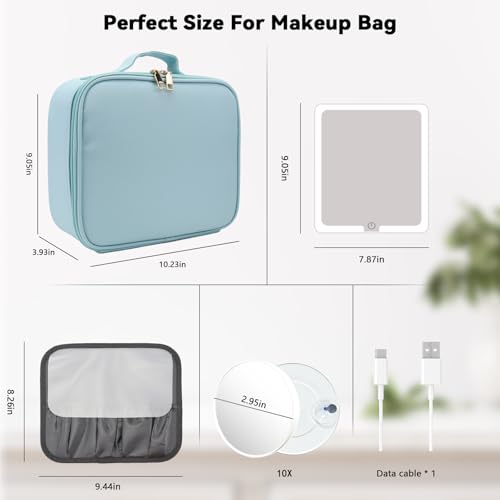 Travel Makeup Bag with LED Mirror and 10x magnifying glass with 3 Lighted Settings