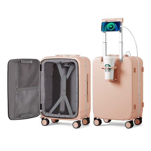 Carry On Luggage with Cup Phone Holder and Charger Hard Shell Suitcases with Spinner Wheels