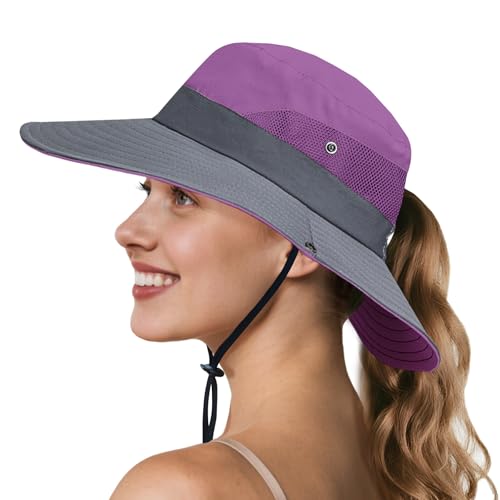 Ponytail Sun Hats for Women UPF 50+ Purple