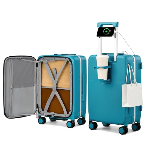 20 Inch Top Opening Carry On Luggage with Cup Holder and USB Ports