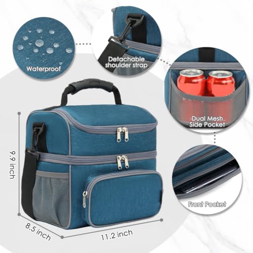Double Layer Cooler Insulated Lunch Bag Adult Lunch Box Large Tote Bag for Men (Lake Blue)