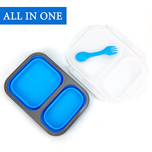 2 Compartments Collapsible Airtight Bento Box with Ideal Portion 600ml & 450ml and 2 in 1 Spoon & Fork