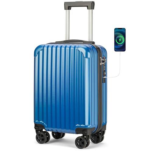 Personal Item Suitcase 18x14x8 Inches Hardside Built In TSA Lock & USB Port Lightweight Luggage Silent Double Spinner Wheels Maximum Underseat Carry
