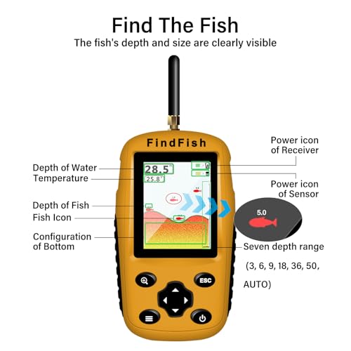 Fish Finder Portable Wireless Sonar & Radio Sensor Depth Finder with Fish Size