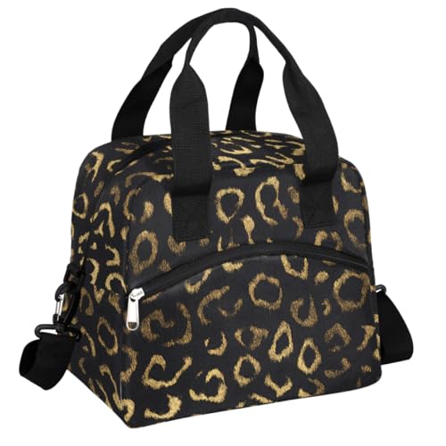 Black Gold Leopard Cheetah Insulated Lunch Bag for Women Men Adult Lunch Tote Bag with Shoulder Strap Reusable Lunch Box Large Containers Thermal Cooler Bag for Work School Picnic Lightweight Handbag (A02:Black Gold Leopard Cheetah)