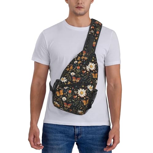 Sling Bag Vintage Butterfly Daisy Leaf Hiking Daypack Crossbody Shoulder Backpack Travel Chest Pack for Men Women