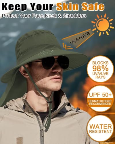 Outdoor Sun Hats with Stowable Neck Flap for Men Women UPF 50+ Mesh Summer Bucket Hat Wide Brim for Fishing Safari Hiking Army Green