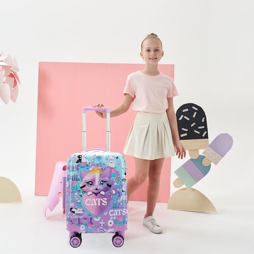Cute Cat Kid's Luggage Set 2 Piece Suitcase Set 16" Hardside Luggage with Spinner Wheels Girls Carry on Toddler Travel Rolling Luggage Airline Approved (2 Count)