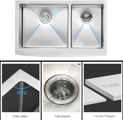 36 Inch Double Bowl Farmhouse Kitchen Sink T304 16 Gauge Stainless Steel Undermount Farmhouse Kitchen Sinks 60