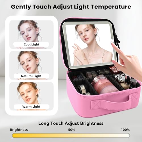 Travel Makeup Bag with LED Mirror and Light Travel Makeup Case Cosmetic Organizer Portable Cosmetic Brush Organizer Bag with Adjustable Dividers for Cosmetics Makeup Brushes Toiletry