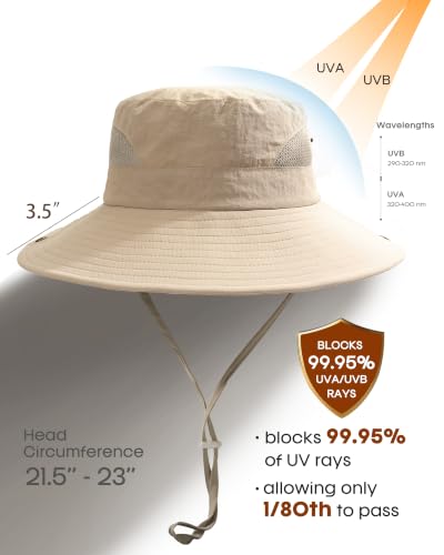Womens Sun Hat with Ponytail Hole Beach Hiking Summer Wide Brim UPF 50+ Outdoor Protection Foldable Bucket Hat Khaki