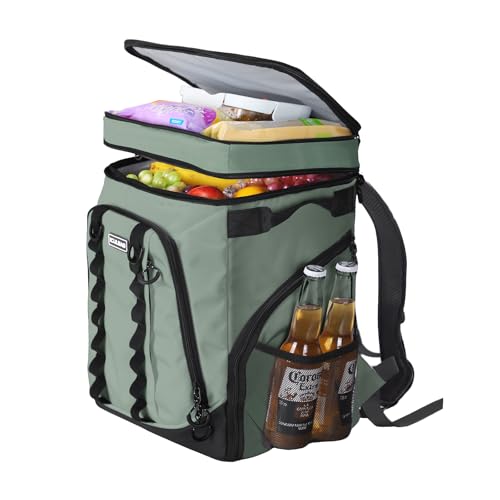 Insulated Cooler Bags for Travel Women 36cans Soft Cooler Backpack 18 Hours Cooling Lunch Backpack for Men Work for Camping Picinic Beach Grayish ArmyGreen 30L