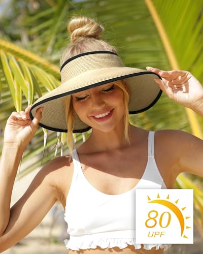 Women's Straw Sun Visor Hat UPF Wide Shade Ponytail Summer Hat