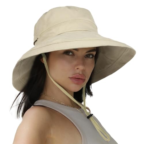 Womens Sun Hat with Ponytail Hole Cotton Shapeable Wide Brim