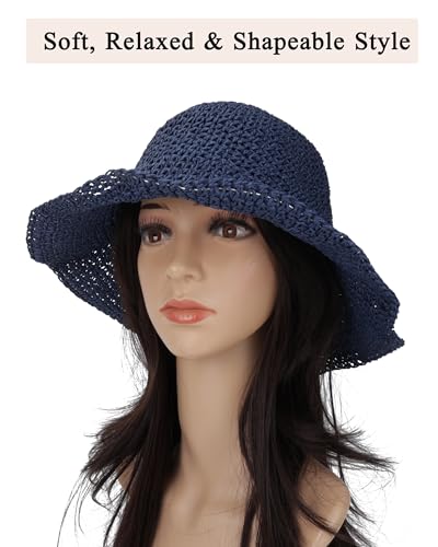 Womens Crochet Straw Sun Hat Foldable Floppy Wide Brim Beach Hat for Summer