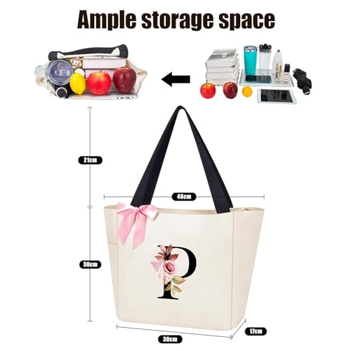 Tote Bag, A-Z Initial Monogrammed Waterproof Tote Bag, Bridesmaid Gifts for Women, Black and Pink (P, Beige)