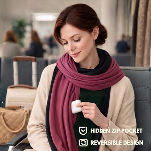 16-in-1 Compact Travel Blanket with Bag – Reversible, Ultra Soft Bamboo Airplane Blanket with Hidden Pocket – Packable for Flights & Travel Essentials (Semi-Weighted, Double Layer)