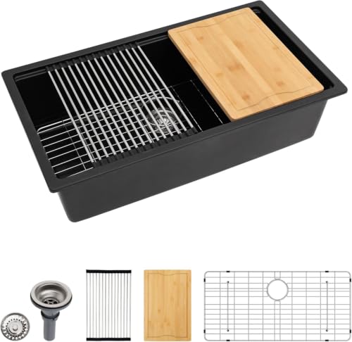 32 inches Granite Composite Kitchen Sink Workstation Black Undermount Single Bowl Large Kitchen Sink 32"W x 19"D x 10"H