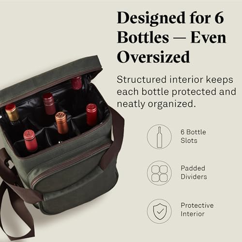 6 Bottle Waxed Canvas Wine Bag Tote Insulated Wine Carrier Cooler Travel & Picnics Holds Tall Bottles Includes Ice Pack Chilling Reusable Tote Bag for Wine Gifts & Outdoor Gatherings