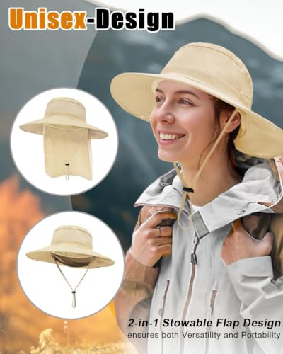 Outdoor Sun Hats with Stowable Neck Flap for Men Women UPF 50+ Mesh Summer Bucket Hat Wide Brim for Fishing Safari Hiking Beige