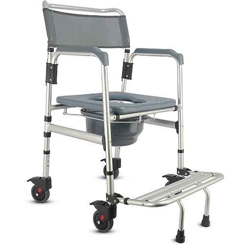 3-in-1 Aluminum Bedside Commode Toilet Shower Chair with Swivel Wheels 6.3 qt Bucket 4 Brake Casters Tool-Free Assembly Support Up to 300 lbs Height Adjustable Lightweight