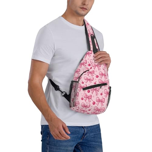 Sling Bag Pink Bows Cherry Hiking Daypack Crossbody Shoulder Backpack Travel Chest Pack for Men Women