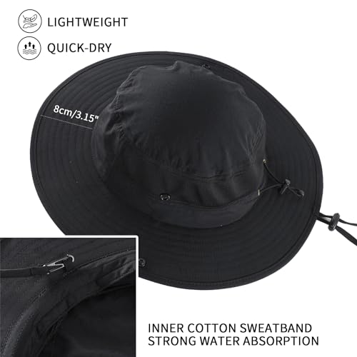 UPF50+ Mens Sun Hat Wide Brim Womens UV Protection Beach Bucket Hat Airy Fishing Hat Hiking Snap Up Cowboy Hat Black