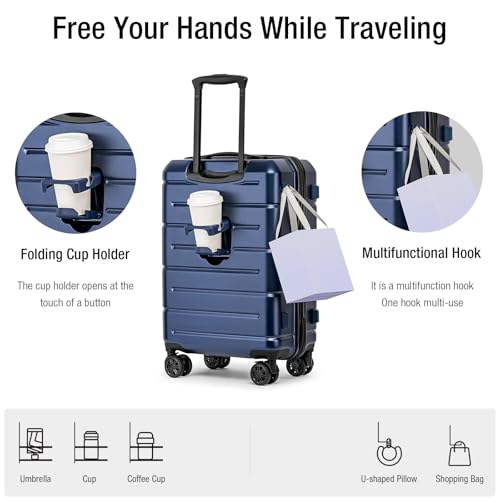 Carry On Luggage 22x14x9 Airline Approved Hardshell Carry On Suitcases with Wheels Travel Rolling 20 Inch Luggage with Cup Holder for Women Men