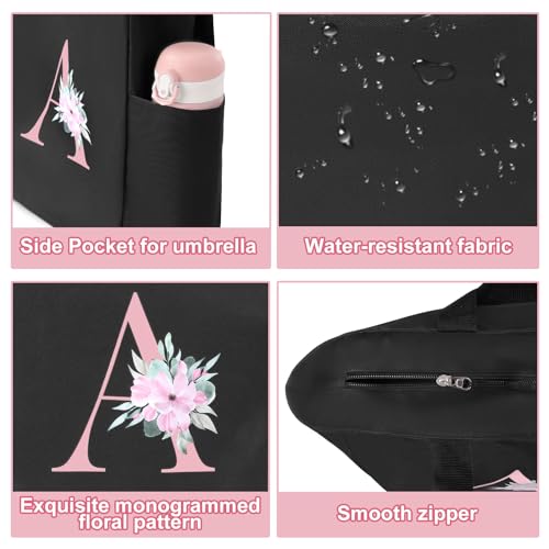 Tote Bag, A-Z Initial Monogrammed Waterproof Tote Bag, Bridesmaid Gifts for Women, Black and Pink (F, Black)