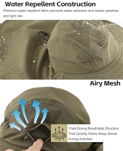 UPF 80+ Sun Hat for Men Women Wide Brim Fishing Hat with Neck Flap Summer Safari UV Protection Bucket Hat Army Green