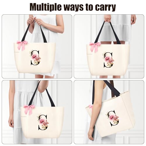 Tote Bag, A-Z Initial Monogrammed Waterproof Tote Bag, Bridesmaid Gifts for Women, Black and Pink (W, Beige)