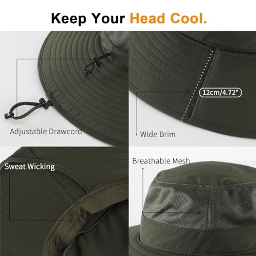 UPF50+ Mens Sun Hat Wide Brim Fishing Hat Large Foldable Brim UV Protection Hat for Men Bucket Beach Army Green