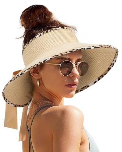 Women's Straw Sun Visor Hat UPF Wide Shade Ponytail Summer Hat