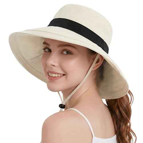 Sun Hats for Women Wide Brim Ponytail UV Protection Beach Hat Packable Waterproof Bucket Hat for Travel Hiking Gardening