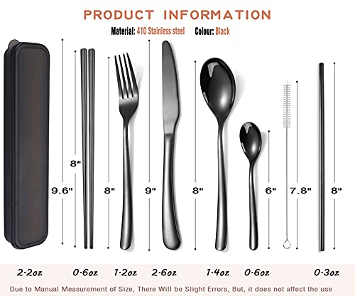 6 Pieces Stainless Steel Flatware Set Portable Reusable Cutlery Set Travel Utensils Set Including Chopsticks Knife Fork Spoon Straws Cleaning Brush Dishwasher Safe (6 Count)