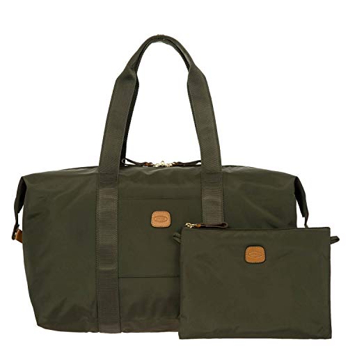 Bric’s X-Bag/X-Travel 2.0 Overnight Weekender Duffel, Water-Resistant Folding Carry-On with Leather Trim, Removable Shoulder Strap and Pass-Through Sleeve - Mini Bag Included – 18 Inch, Olive