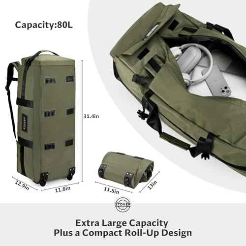 45/80/100L Rolling Duffel Bag with Wheels, Large Durable Travel Duffle + Toiletry Bag, Heavy Duty, Packable, Foldable with Shoulder Straps- Use as Luggage or Backpack, Men/Women (Green)