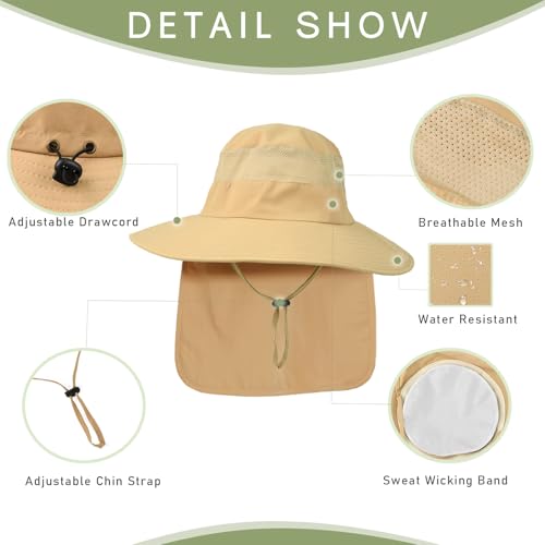 Fishing Hat Breathable Wide Brim Sun Hats with Neck Flap Bucket Hat Outdoor Safari Hat for Men Women UPF 50+ Sun Protection Khaki