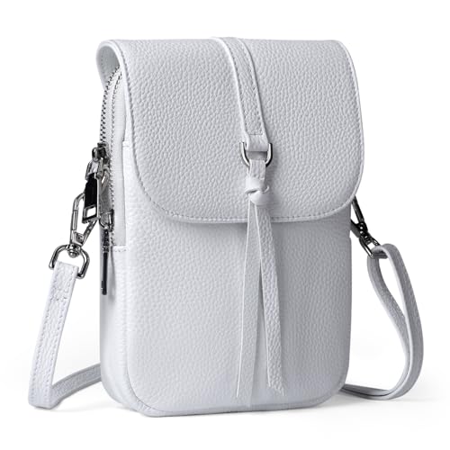 White Genuine Leather Small Crossbody Bags for Women Cell Phone Purse