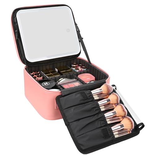 Travel Makeup Bag With LED Mirror Portable Travel Makeup Organizer 3 Color Adjustable Brightness Waterproof Cosmetic Train Case with Removable Dividers Makeup Storage for Women