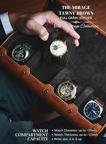 Watch Travel Case for Men Leather Watch Roll for Travel Organizer and Display Watch Case 4 Slots Full Grain Leather Tawny Brown (47 Count)