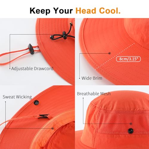 UPF50+ Wide Brim Sun Hat for Mens Womens UV Protection Beach Bucket Hat Airy Cowboy Hat for Fishing Hiking Gardening Orange