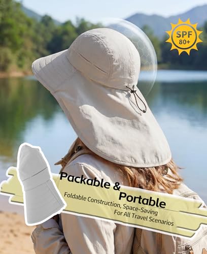 UPF 80+ Sun Hat for Men Women Wide Brim Sun Hat with Neck Flap Summer Safari UV Protection Gardening Fishing Hat Light Grey