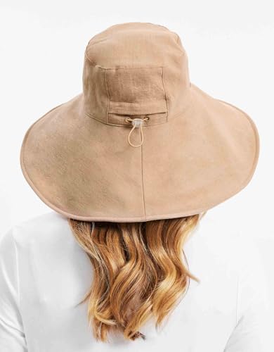 Ultra Wide Cotton Linen Hat UPF50+ Packable UV Sun Protection Hat with Large Brim and Detachable Strap Large